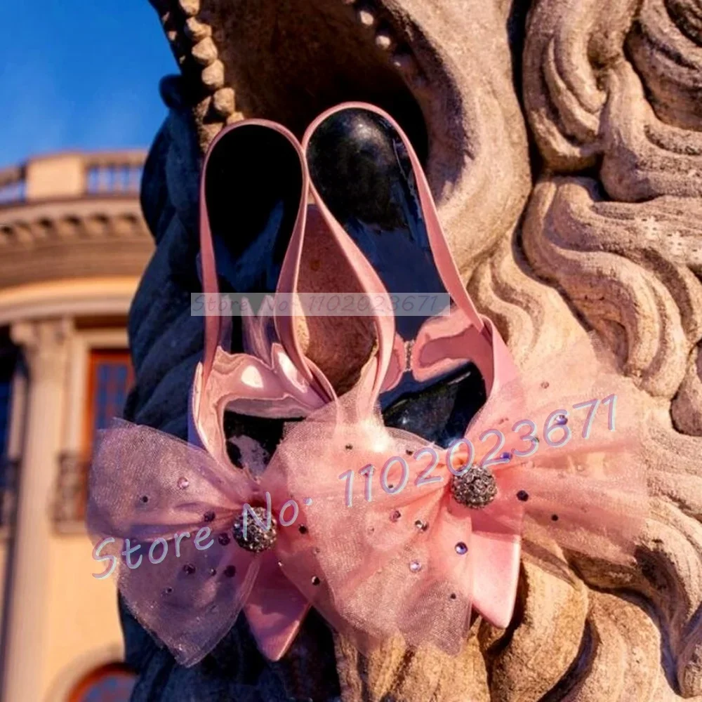 

Crystal Mesh Bow Mules Women Sweet Pink Shiny High Heels Shoes With Bead Summer Female Wide-fit Open Pointy Fashion Slippers