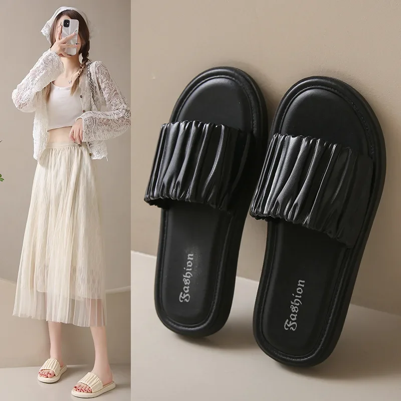 New Pleated Slippers Women's Fashion Casual Ins Trendy Thick Bottom Non-slip Beach 4974