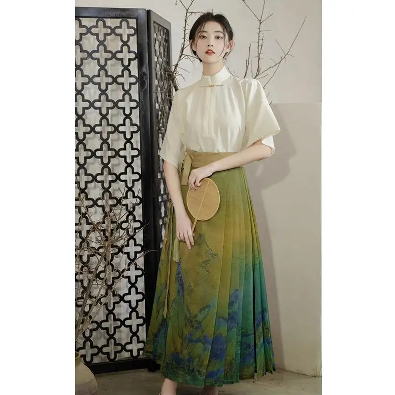 Nieuwe Chinese Stijl Hanfu Vrouwen Oude Ming Dynastie Vrouwen Amian Jurk Inkt Wassen Sierlijke Verbeterde Dagelijkse Bloemen Hanfu Jurk Set