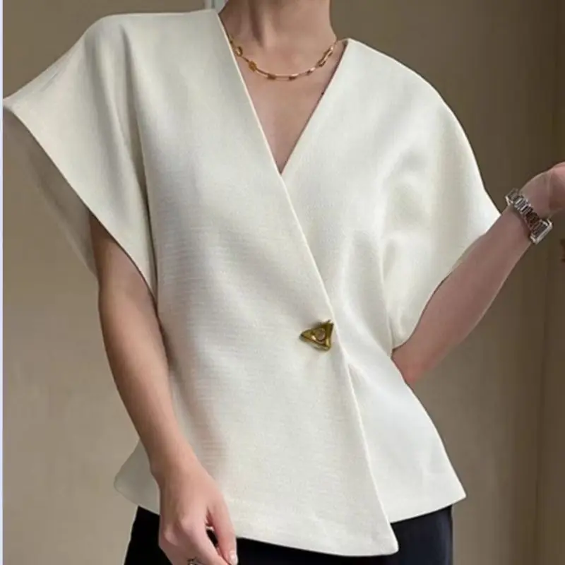 Batwing Sleeve French Chic Elegant Commuter Women's Asymmetric One Button V-Neck Slim Fit Suit Vest Top Gold Button Trim Tailore