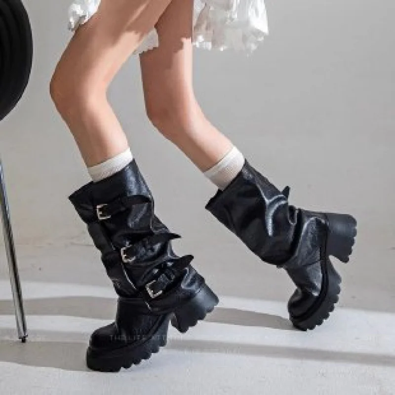 

Belt Buckle Pile Boots2025New Year's Waste Land Style Vintage Retro Western Cowboy Boots Wrinkled Mid-Calf Boots