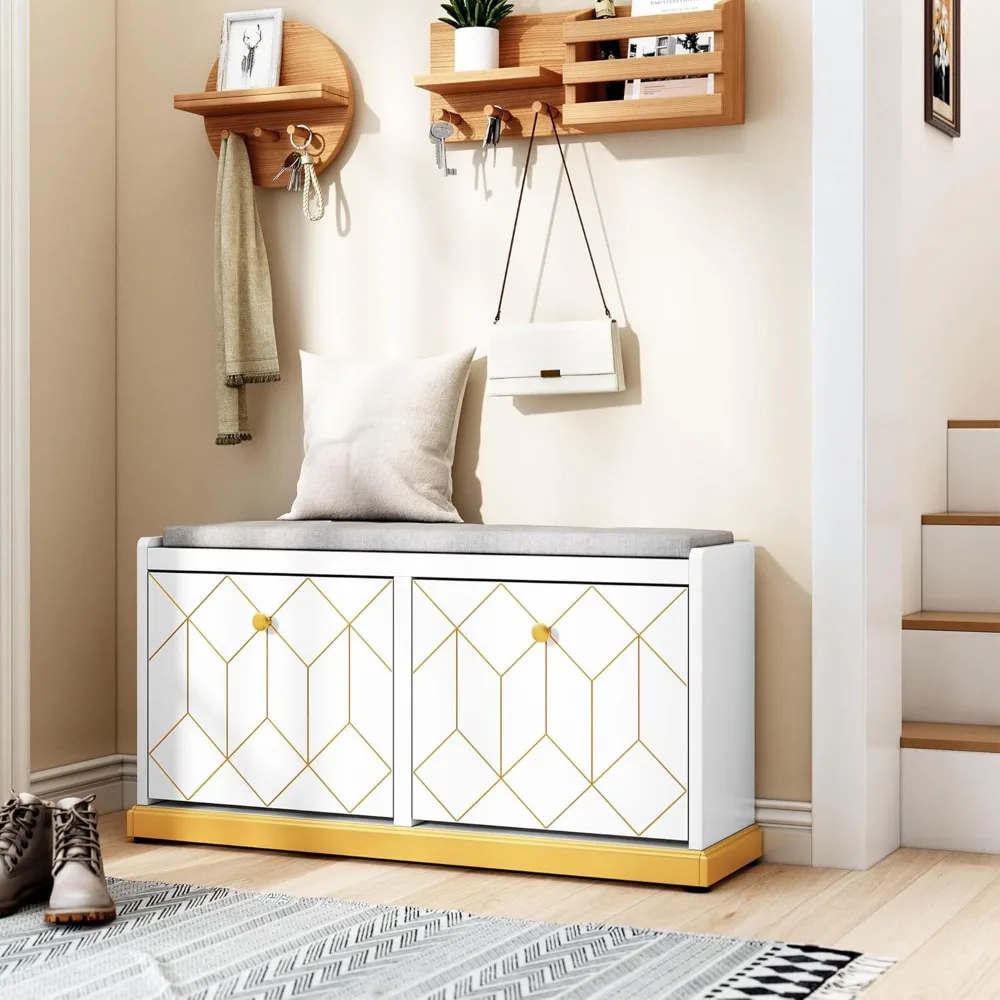 Banc à chaussures avec rangement, banc d'entrée moderne avec 2 tiroirs rabattables et siège coussin rembourré, banc de rangement pour chaussures pour couloir, Cl