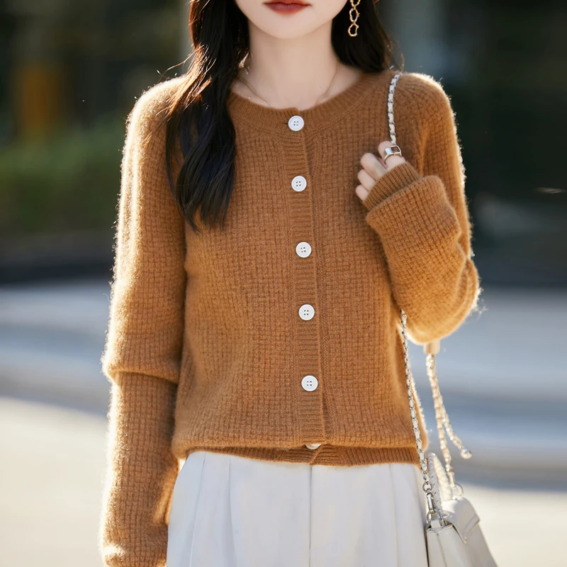 

100% Wool Women Cardigan Super Warm Cashmere Sweaters O-neck Loose Female Clothes Ladies' Solid Color Knitwear Tops
