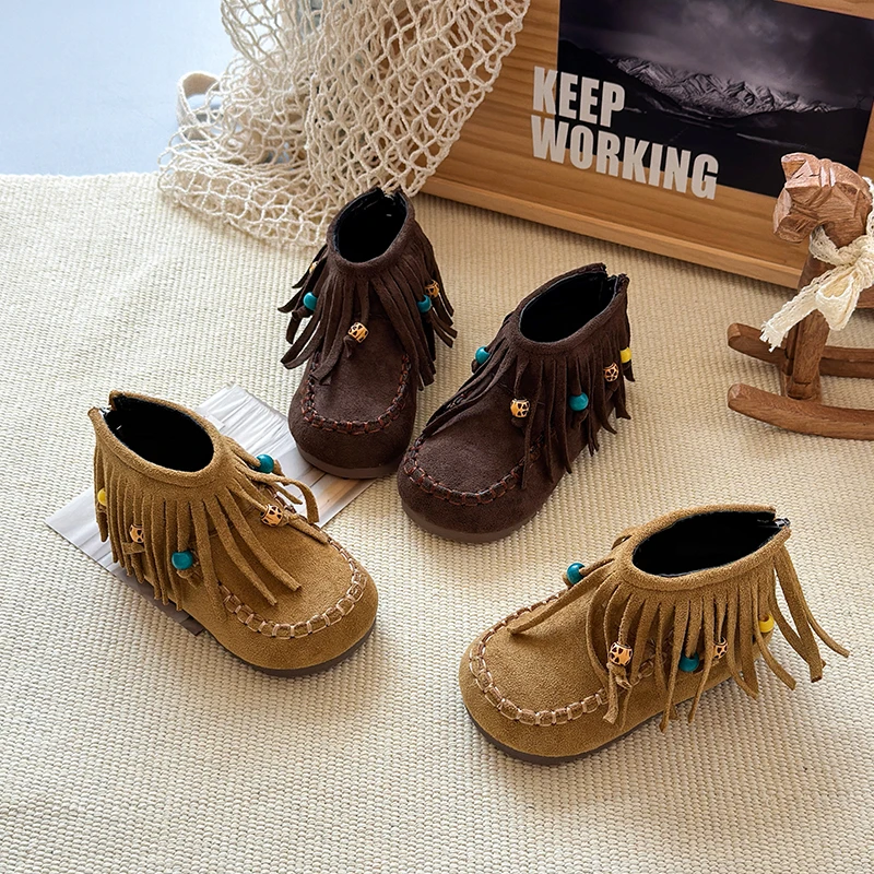 

Осенние ботинки для девочек, повседневная детская обувь на молнии с кисточками и круглым носком на плоской подошве, однотонная нескользящая стильная повседневная детская обувь, От 7 до 12 лет