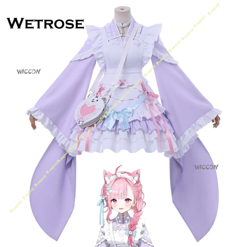 Jogo cosplay trajes menina 2d anime estilo japonês empregada bonito vestido lolita saia peruca feminino rosa roxo palco natal dia das bruxas