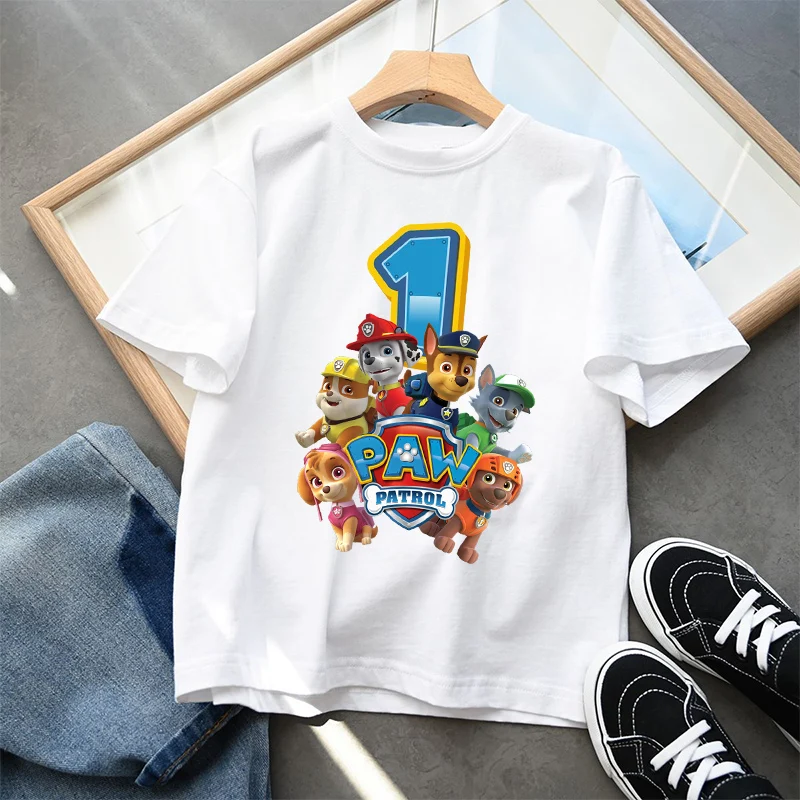 Paw Patrol Kinder T-shirt Leuke Zomer Katoenen Trui Verjaardag Nummer Top Kawaii Jongen Meisje Chase Skye Gedrukt Casual Kleding Geschenken