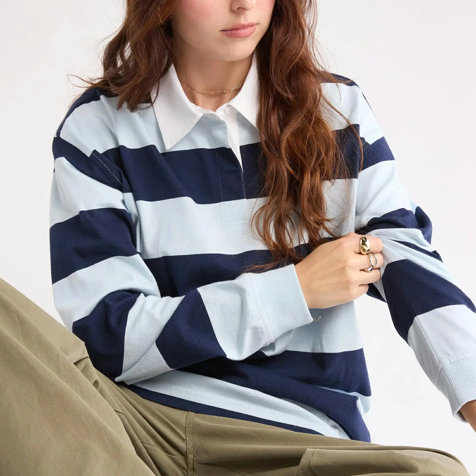 Combhasaki النساء Y2k مخطط المتضخم قمصان الرجبي في سن المراهقة الفتيات خمر بولو البلوز كم طويل زر تي شيرت غير رسمي بلايز