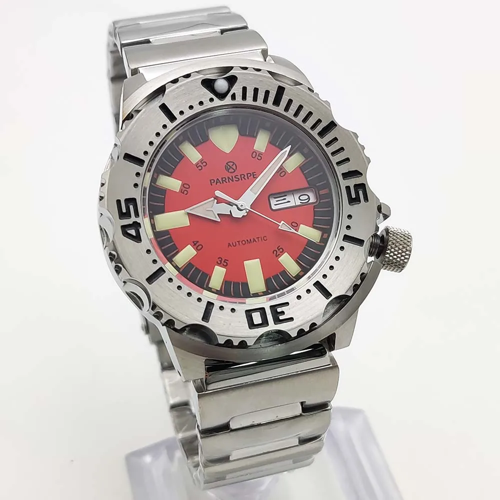 Relógio mecânico automático de safira masculino, caixa de aço inoxidável à prova d'água de alta qualidade, mostrador asséptico vermelho, relógio elegante