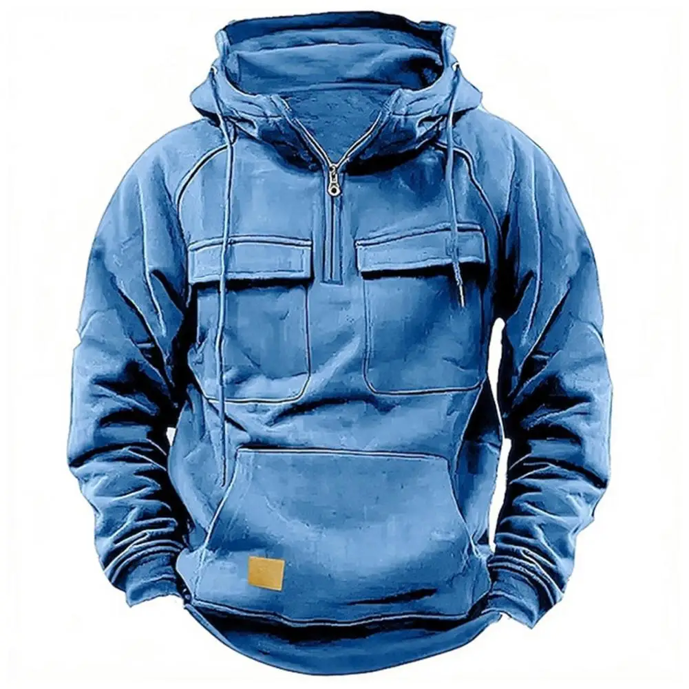 Men's Hoodies Solid Sweatshirts Multi Pockets Male Hooded Jackets Thick Outdoor Half Zipper