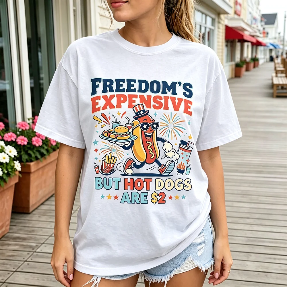 Retro Cartoon Hot Dog Women T Shirt Freedom's Expensive But Hot Dogs Are $2 Patriotic Graphic Crew Neck Casual Short Sleeve Tee