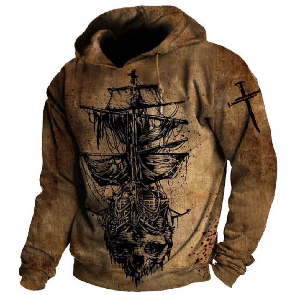 Retro Hoodie Men's Hooded Sweatshirt Nautical Print Pullover Winter Oversized Harajuku Clothes Casual Full Sleeve Streetwear Top