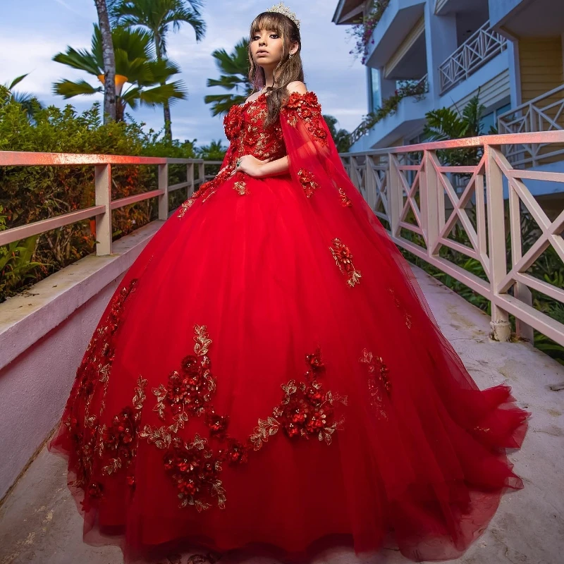 Lorencia-vestido De quinceañera brillante rojo, vestido De baile sin hombros, apliques De flores 3D con gorra, dulce 16, 15 De XV Años, YQD536