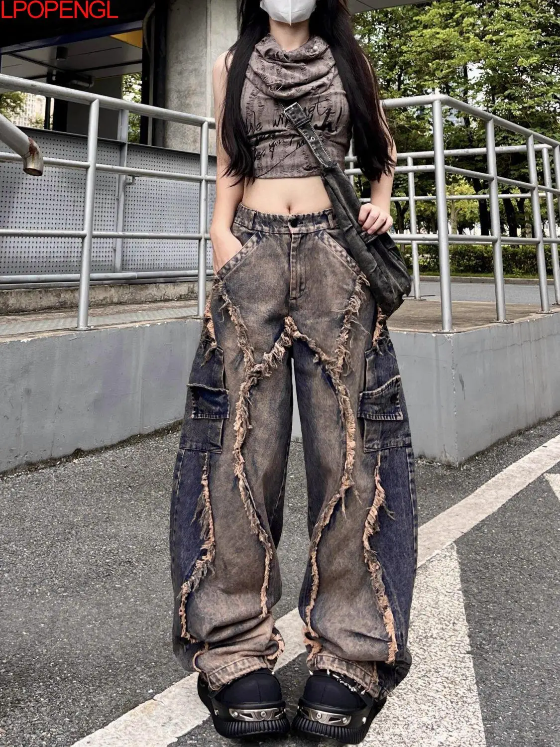 

Women's Fashion Vintage Contrasting Colors Washed Water Irregular Fringed Jeans Streetwear Patchwork High Waist Wide Leg Pants