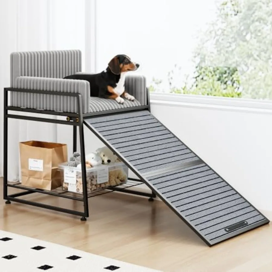 

Pet Stairs Ramp with Seat Dog Window Perch in Gray Folding Pet Ramp for Dogs Cats with Storage and Sofa Cushion Holds Up to 110