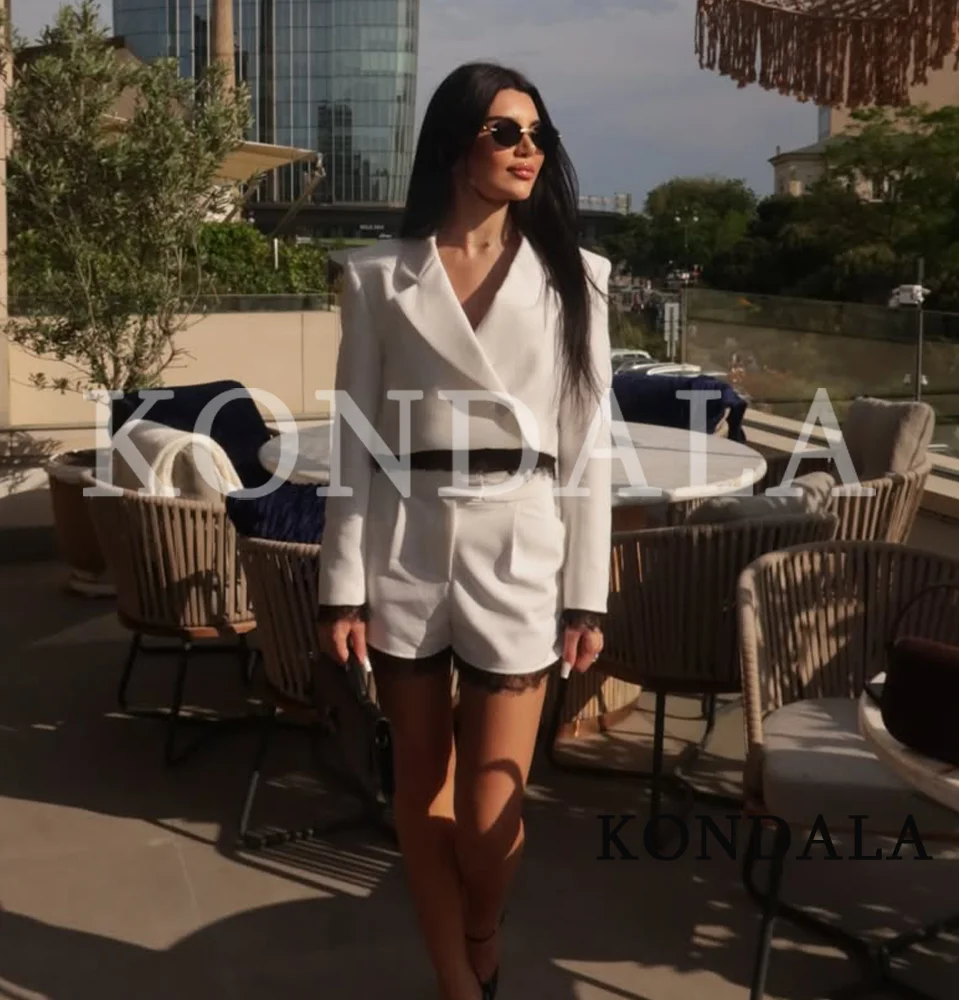 Women Chic Elegant Lace Shorts Suit KONDALA 2026 Summer Trendy High Street Commute Shorts Set Lace Hem Short Blazer, Mini Shorts