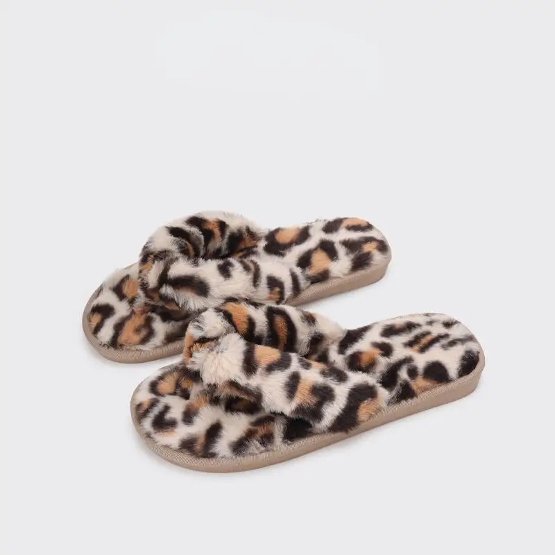 

Leopard print fur flip flops women winter slippers outdoor sexy shoes wear 024 new anti-slip flat slides grils sandals