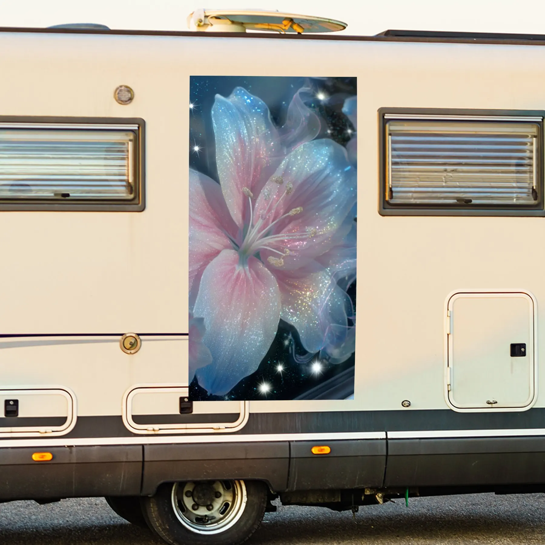 

Glistening Fantasy Lily- Vinyl Decal for RV Rear, Waterproof Self - Adhesive Vinyl Stickers for RV Tail and Bumper, Decoration -