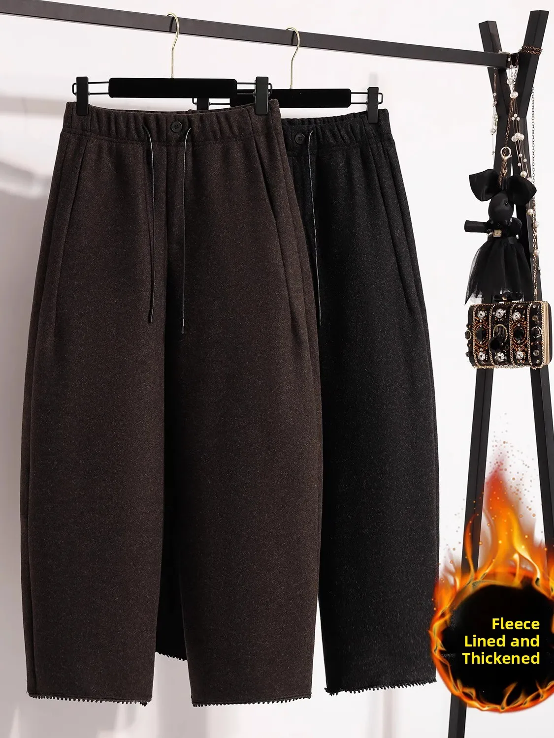 

plus Size Women's Autumn Winter Wide Leg Knife Pants Fleece Lined Straight Leg Sweatpants Slimming Woolen Casual Trousers