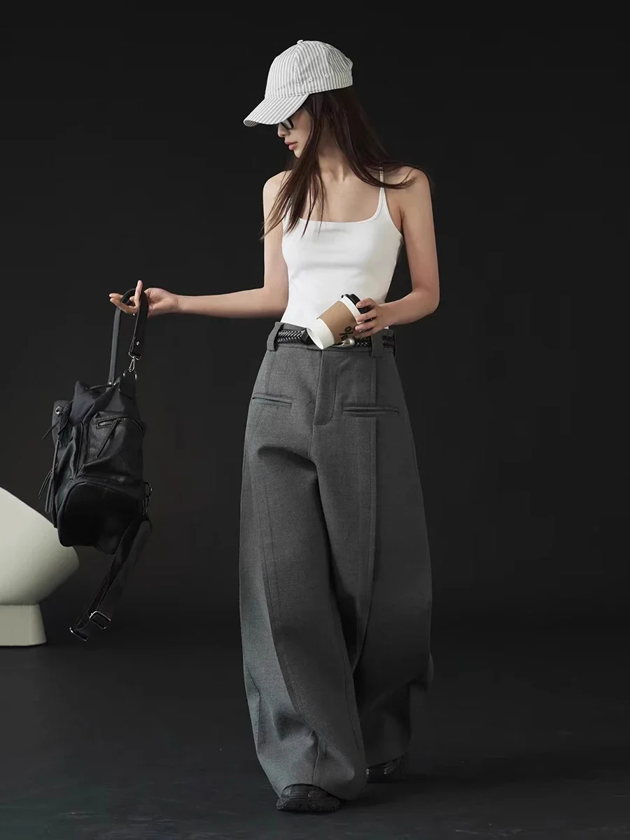 IMU REDDACHiC Modern Women's Pleated Wide Leg Pants Plus Size Casual Slant Pocket Draped Long Suit Trousers Work Office Lady Bot