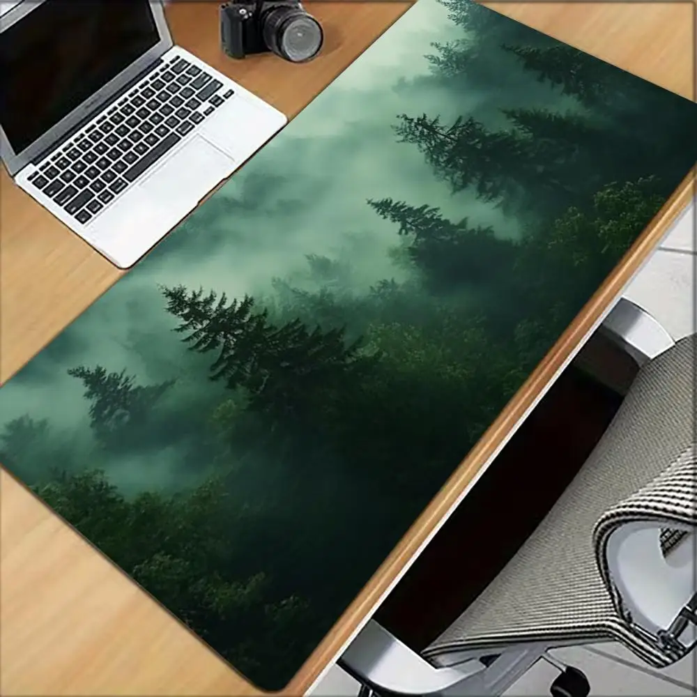 Misty Forest Pine Tree Large Mouse Pad Nature Green Fog Scenery Non Slip Rubber Gaming Desk Pad PC Office XXL Keyboard Table Mat