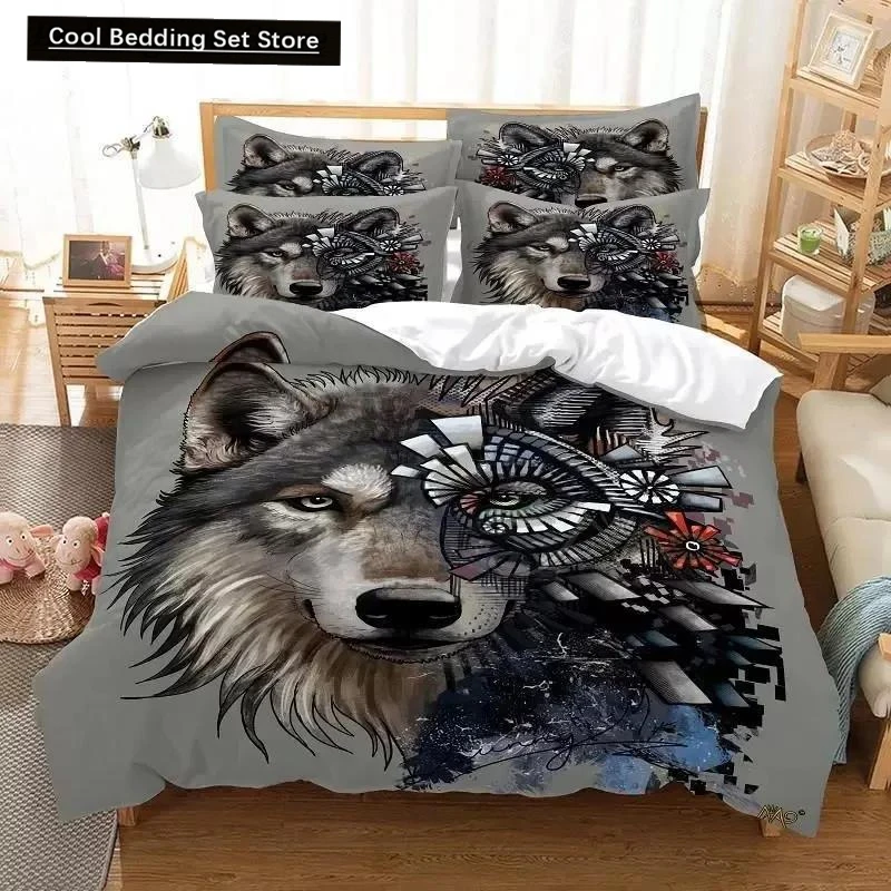 

Wolf Duvet Cover Set Wolf with Mechanical Eye Bedding Set for Kid Teens Adults 3d Printing Queen King Size Polyester Quilt Cover