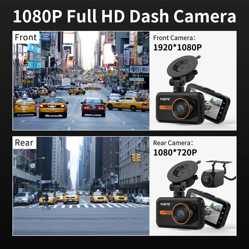 ThiEYE – caméra de tableau de bord 3.0 pouces, double objectif 1080P HD, enregistreur DVR pour voiture, flux média avec capteur G et détection de