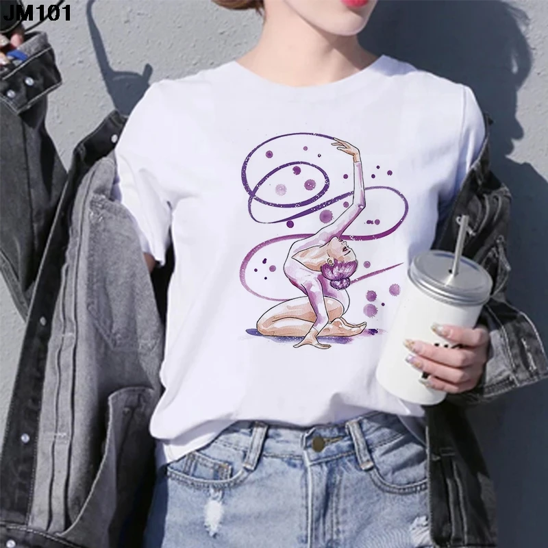 Watercolor Ballet Dancer Printing Female White T Shirt Kawaii Gymnastics Dance Femme Custom Tshirt Harajuku Women's Tops T-shirt