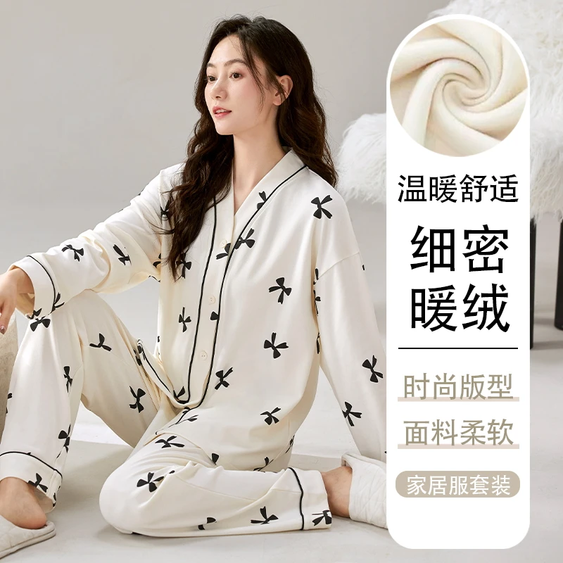 Pijama fino de lã para mulheres, fofo e doce moda japonesa, quimono com gola V, conjunto caseiro sul-coreano, outono e inverno