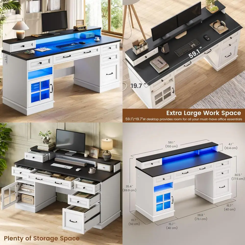 

Elegant Farmhouse-Style Executive Desk with Storage, File Drawers, Power Outlet, and LED Lighting