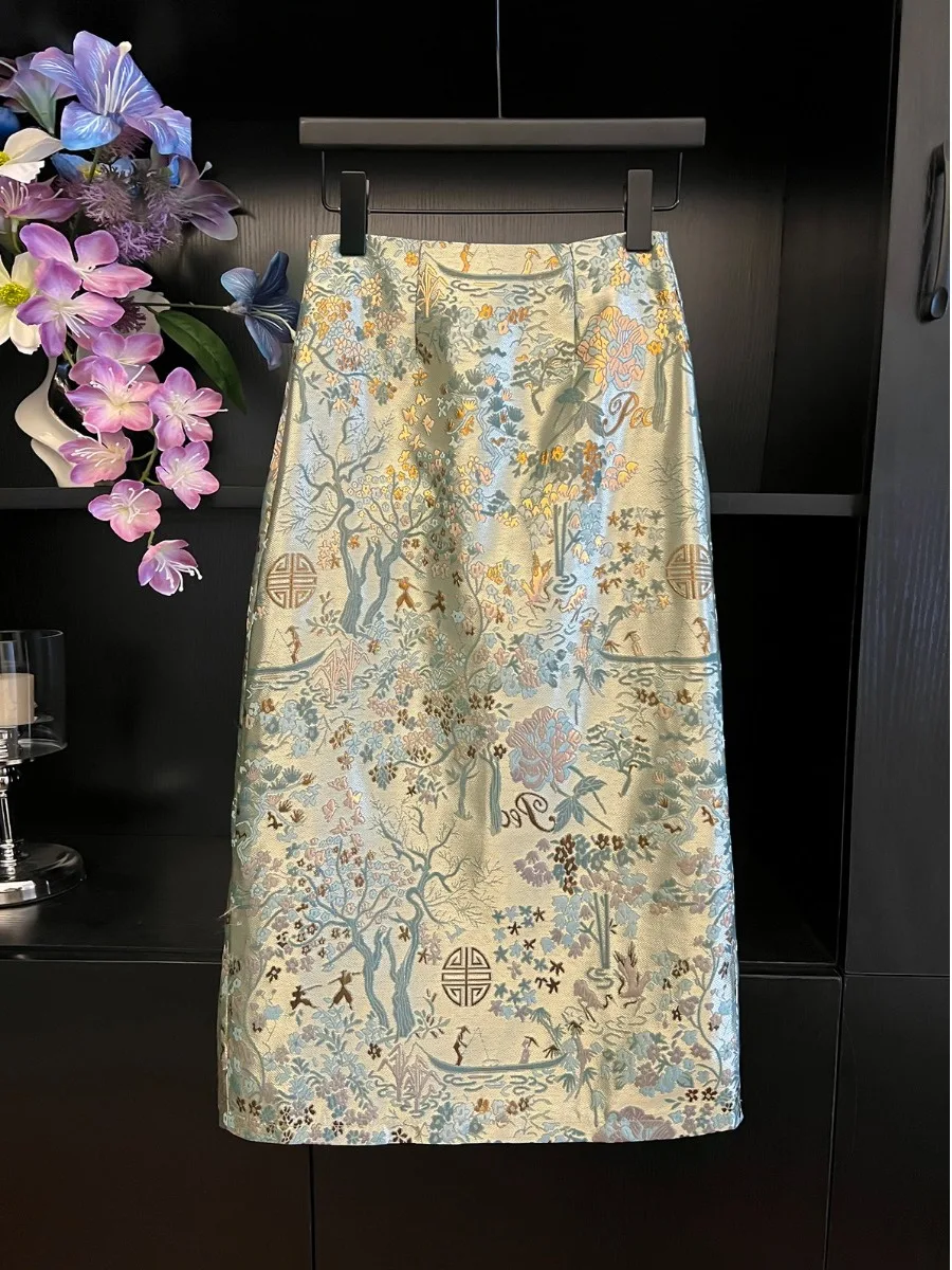 جديد الصينية Sle المطرزة الأزهار f تنورة المرأة أوائل الخريف الرجعية Faion با سبليت خطوة واحدة Bodycon ألف خط تنورة #5