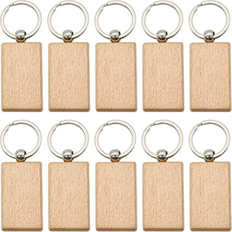 5Pcs Wooden Keychain Pendants Closure Heart Rectangular Unfinished Engraving Keyrings DIY Wood Blanks Gifts ID Tags Decoration