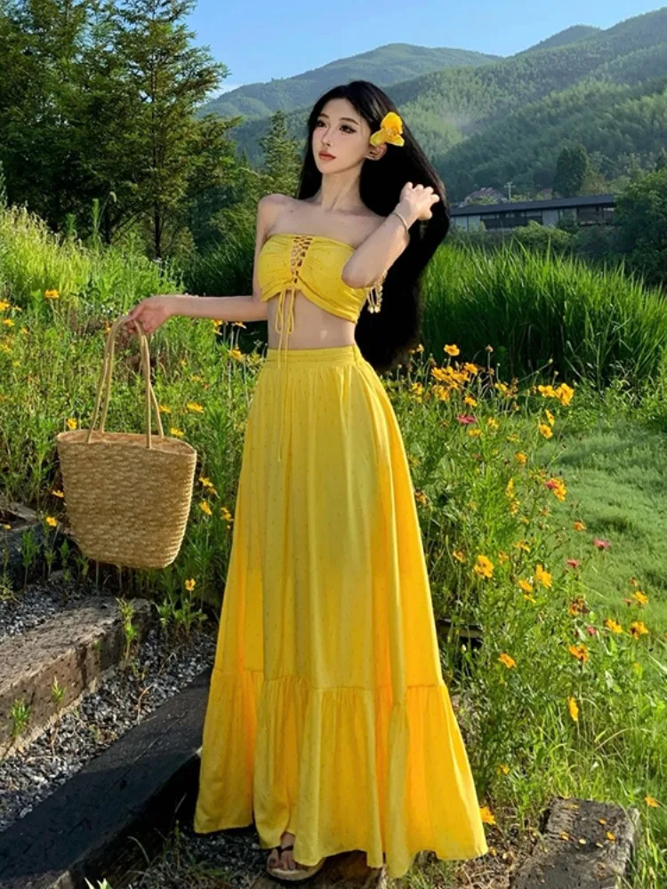 

2025 Summer Vacation Style Sexy Hollow out Strapless Top+Big Swing High Waist Long Skirt Beautiful Girl Two-piece Set