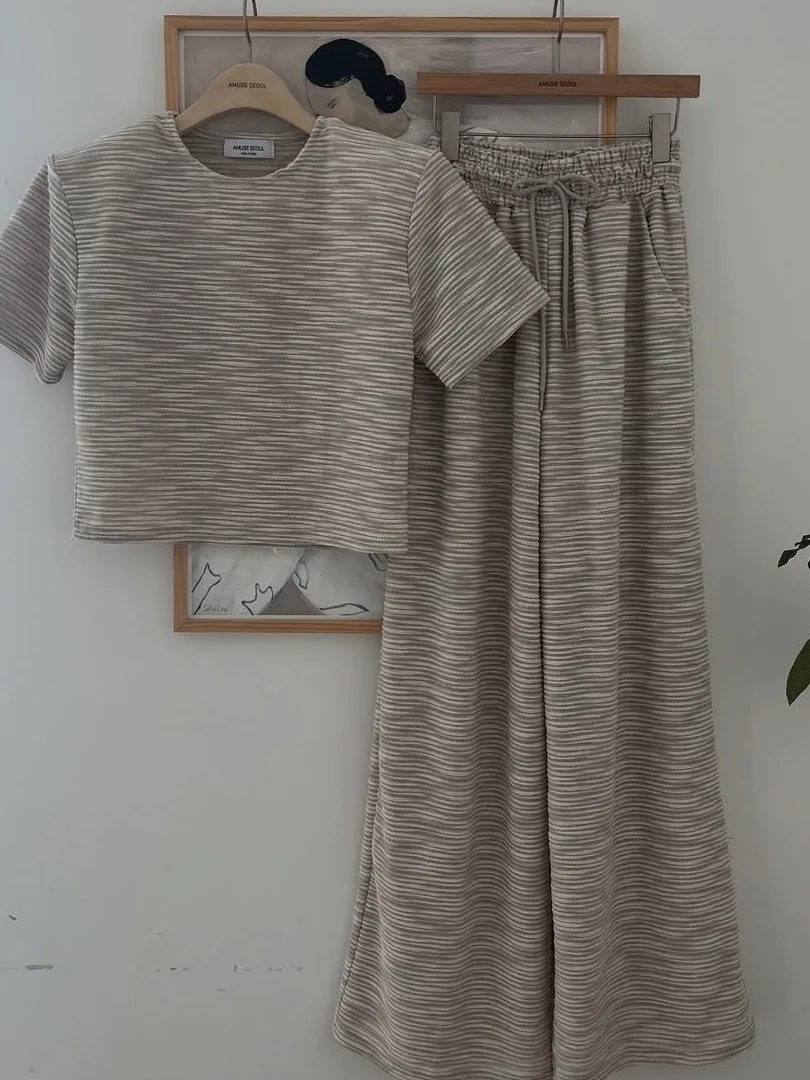 قميص نسائي صيفي جديد بتصميم كسول، توب قصير فضفاض، بنطلون كاجوال مخطط بخصر مطاطي، قميص نسائي فضفاض عتيق الطراز