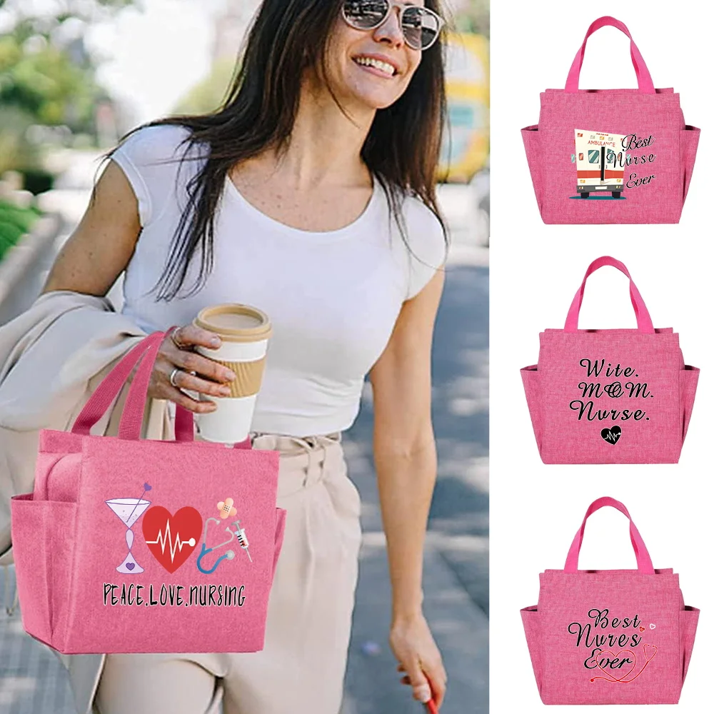 Lunch Bag for Women Insulation Cooler Bag Kid Pink Lunch Box Nurse Printing Series Picnic Portable Food Storage Leakproof