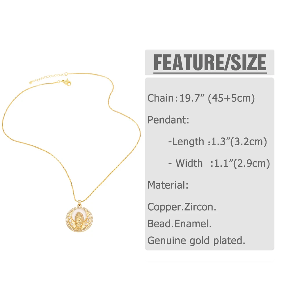 FLOLA Large Round Disc Virgin Mary Necklaces for Women Gold Plated Amulet Necklaces Crystal Jewelry collar de guadalupe nkep49