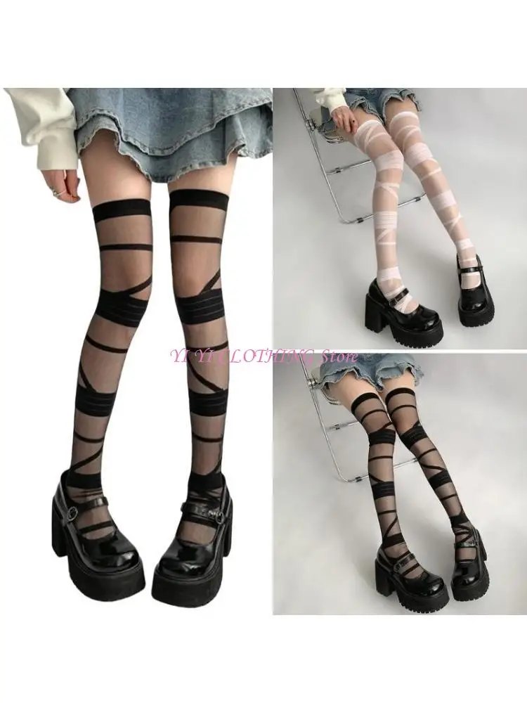 n5kf-Женские-jk-girl-high-high-Носки-bangage-pattern-шелк-длинные-чулки