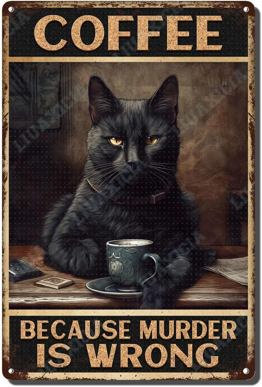 Tin Signs Vintage Black Cat Coffee Because Murder is Wrong Metal Sign Home Garden Restaurant Cafe Office Shop Bar Club decoratio