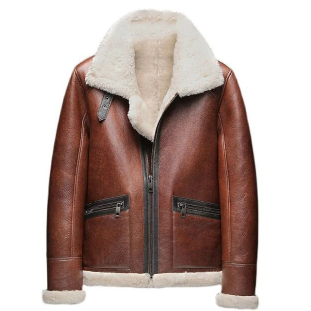 Denny&Dora Mens Winter Shearling Jacket Genuine Sheepskin Bomber Jacket Brown Shearling Jacket Men