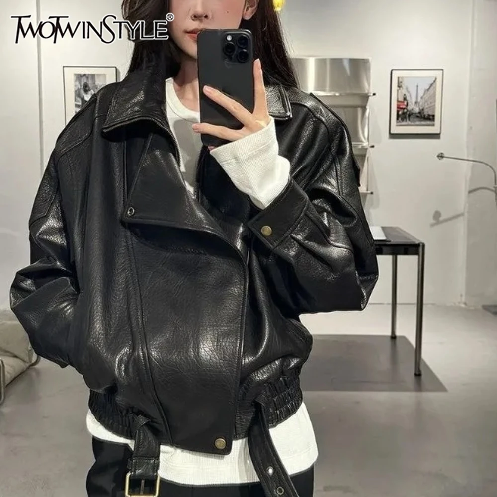 

TWOTWINSTYLE Solid Spliced Drawstring Jacket Female Lapel Long Sleeve Loose Streetwear Cool Women's Jackets Autumn Fashion New