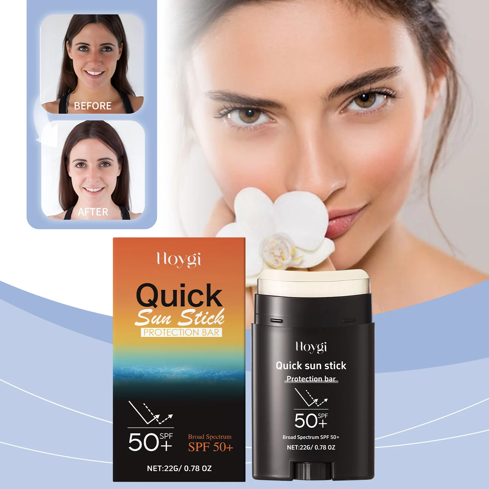Crema Facial Protectora UV HOYGI SPF 50+, Protector Solar Corporal, Suero Facial Calmante con Centella Asiática, Bloqueador Solar Hidratante
