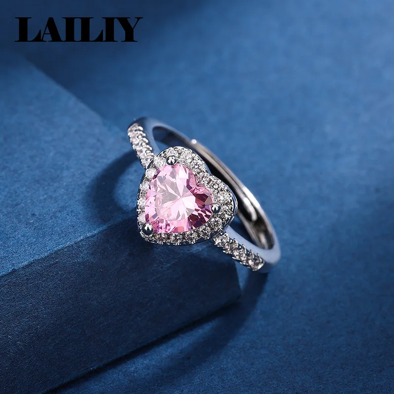 Women's 925 Sterling Silver Adjustable Pink Heart Diamond Ring