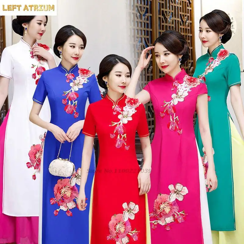 Vestido folclórico vietnamita aodai 2026, cheongsam mejorado, qipao con bordado de flores nacionales, vestido folclórico retro para banquetes y eventos nocturnos