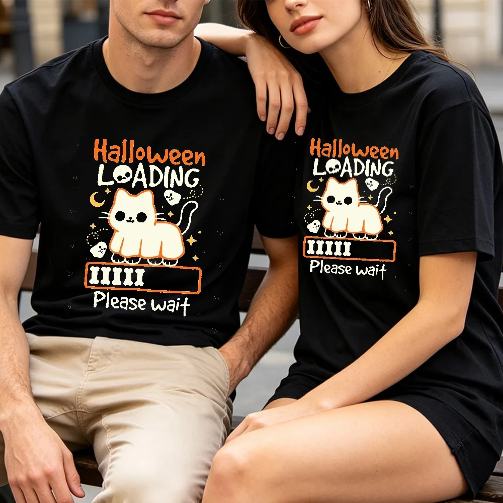 Kawaii Spooky Season Tee for Men Women Halloween Loading Please Wait Ghost Cat Moon Star Print Holiday Tops Men Clothing