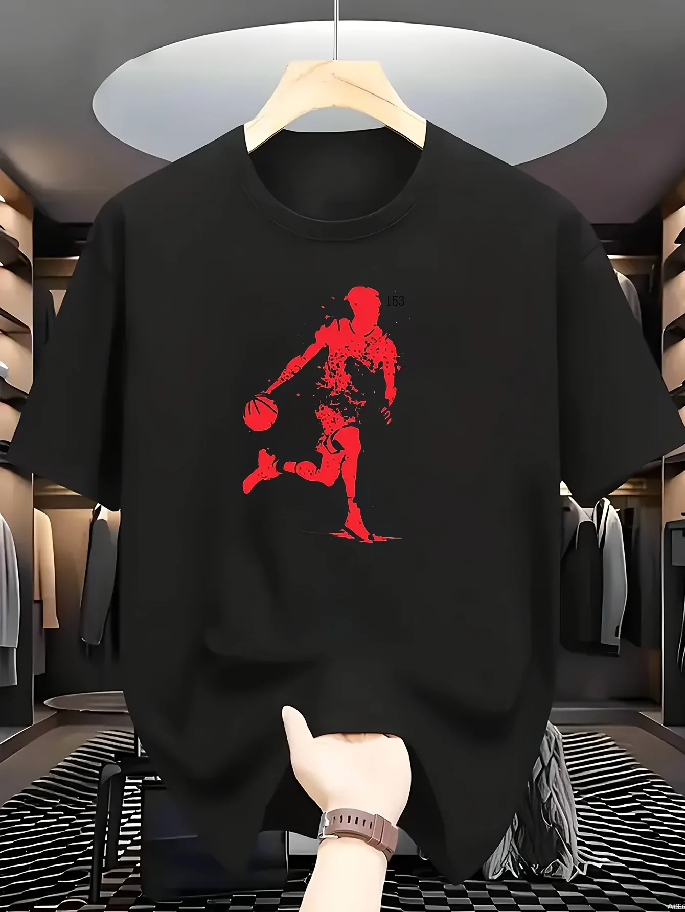 

Sporty mens Basketball Tee Breathable Polyester mens Basketball Player Graphic T-Shirt Black Casual Crew Neck Tee
