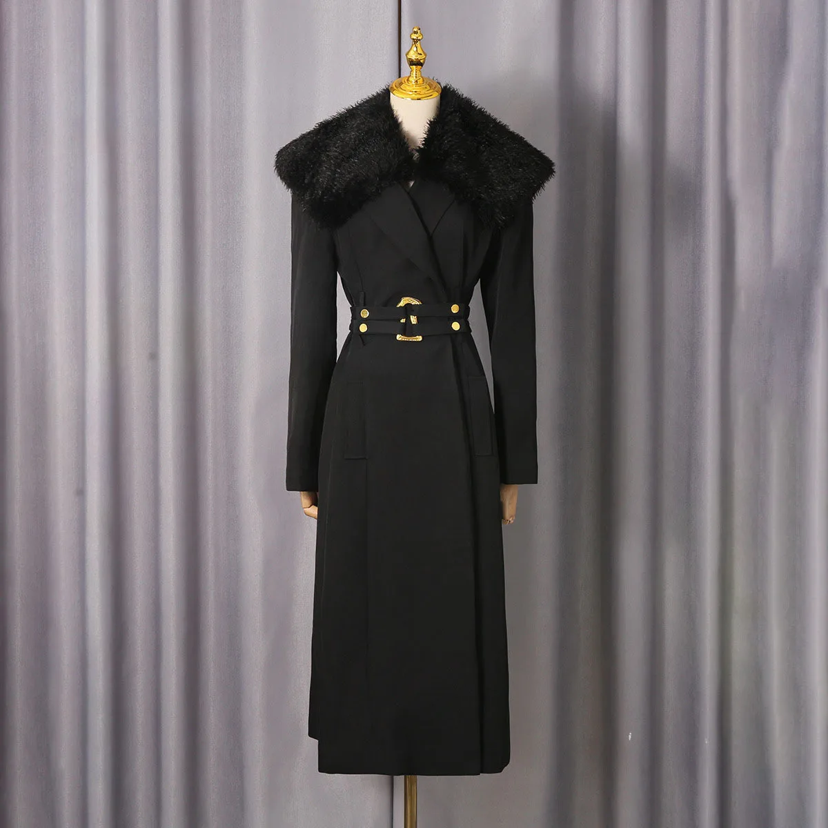 KWTX Women's Black Trench Coat Faux Fur Collar Belted Waist Mid-Length Casual Elegant Vintage Designer Autumn Winter 2025 New