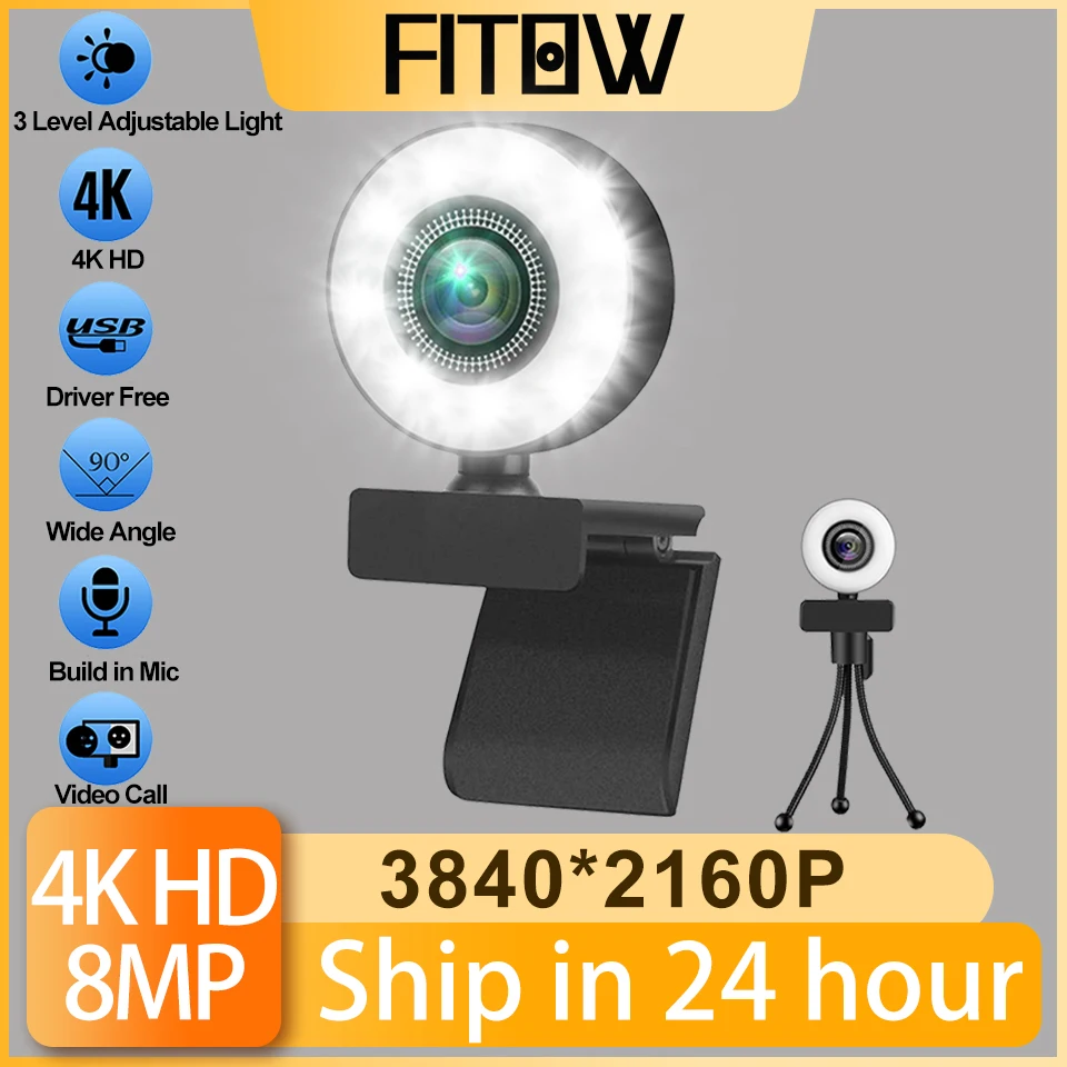 Taida 1080P 2K 4K Hd Webcam Met Ring Vullen Light Laptop Pc Computer Live-uitzending Camera Video web Camera Microfoon Web Cam