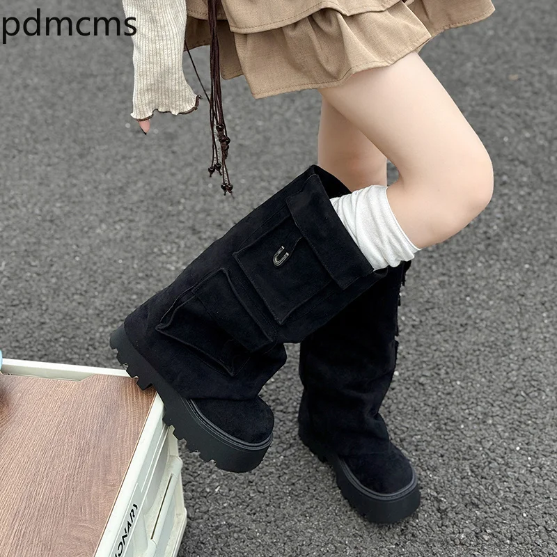 Designer Women's Short Boots Fashion Platform Cargo Pants Tube Boots Women New Large Tall Boots Retro Heightened Mid Calf Boot