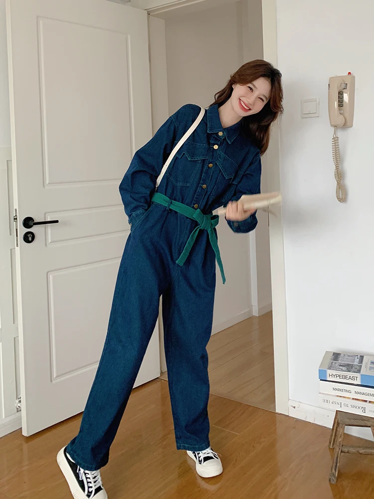 カラーブロワークウェアデニムジャンプスーツレディース春秋ルーズカジュアルファッショナブル年齢軽減ワイドレッグパンツ
