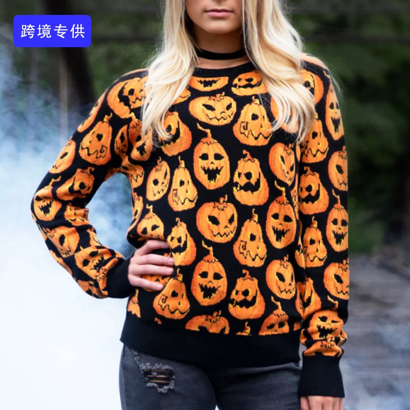 

Halloween Sweater Pumpkin Print Round Neck Pullover Knitwear For Autumn