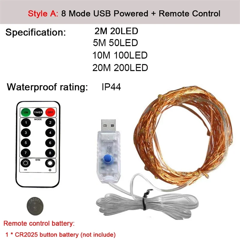 Lampu Tali USB 20/5/10M 8 Mode Lampu Peri Kawat Tembaga Lampu Tali LED untuk Pernikahan Natal Dekorasi Karangan Bunga Tahun Baru